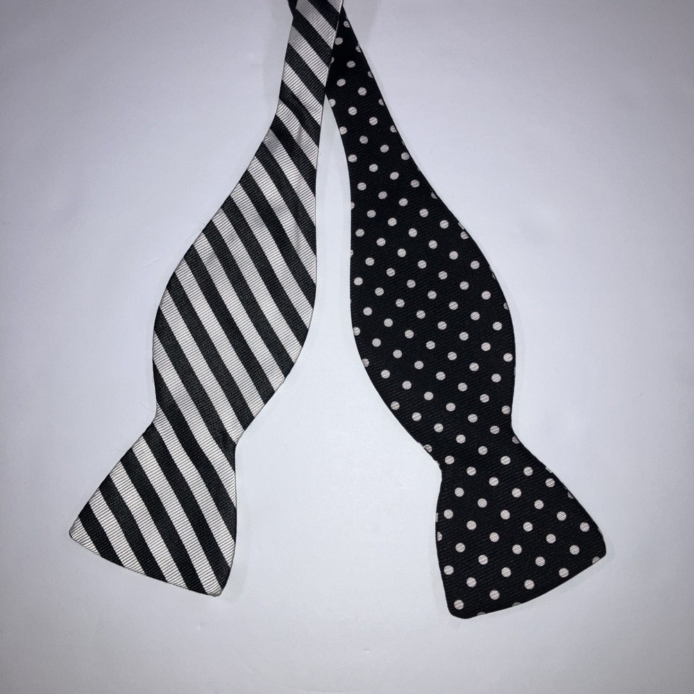 R Hanauer Silk Bow Tie Black White Polka Dot & Stripe Self Tie Adjustable - Picture 3 of 7